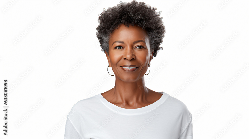 portrait of an 60 year old afro american female with  short curly black grayling hair isolated against a white background