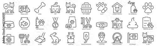 Veterinary line web icons. dog care and cat food. Pets. pet care and dog paw. Collection of Outline Icons. Cute animals. Vector illustration.