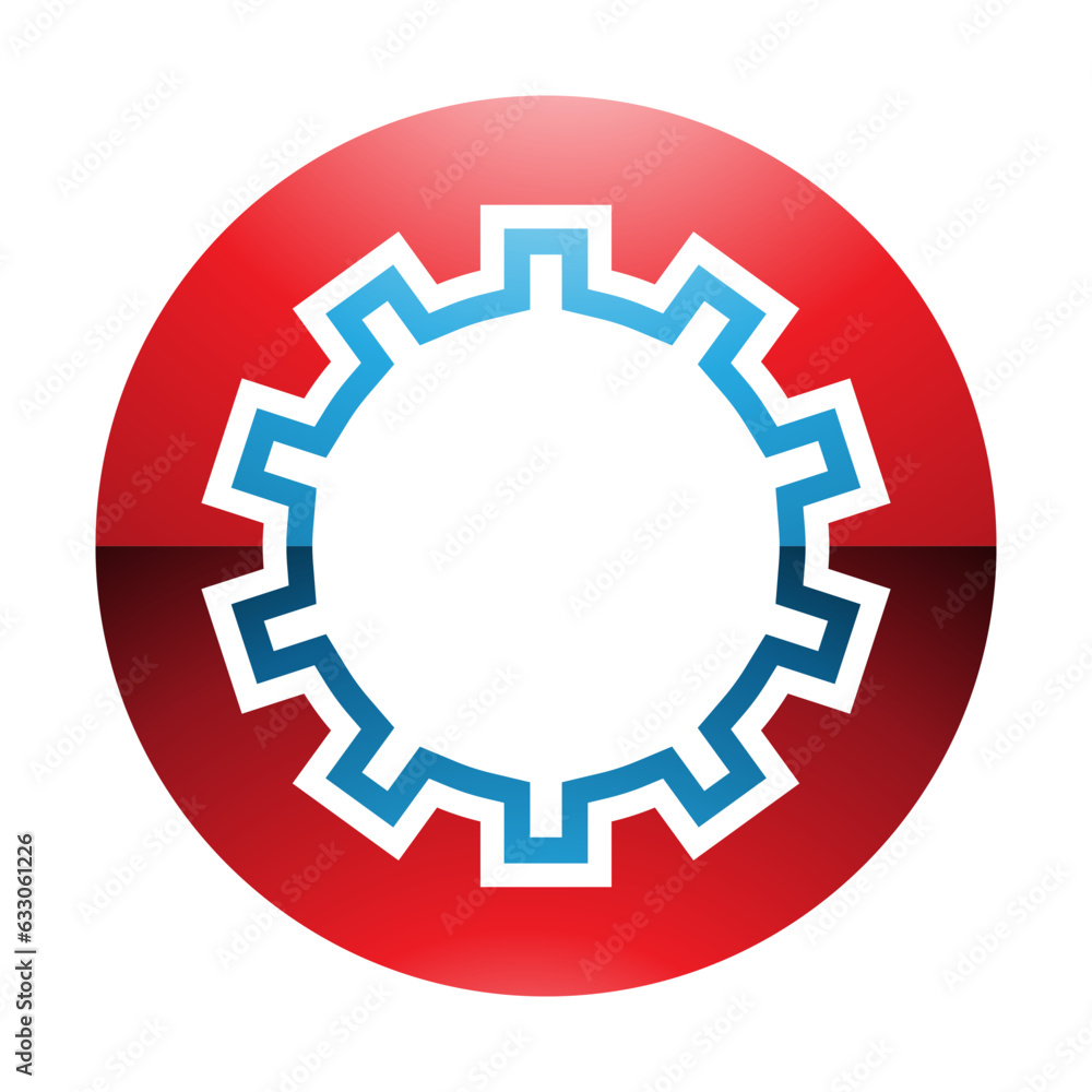 Red and Blue Glossy Letter O Icon with Castle Wall Pattern