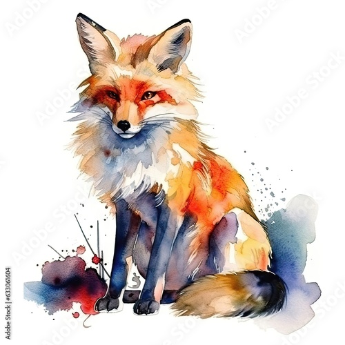 Watercolor portrait of a fox with colorful  bright  vibrant  and trippy colors