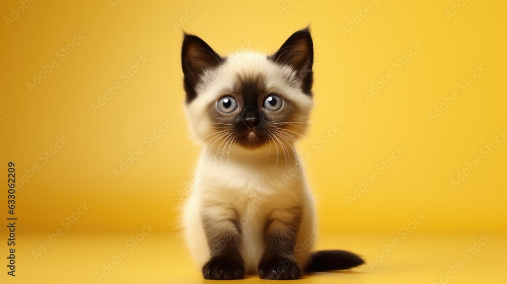 Siamese kitten sits on a yellow background.