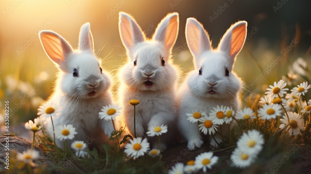 Three cute little white rabbits on a meadow with daisies Three cute little white rabbits on a meadow with daisies
