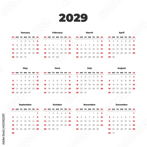 Simple vector calendar on 2029. Start from Sunday