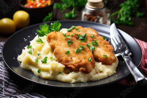 Delicious schnitzel paired with potato salad, presented in an Austrian style. This AI-generated illustration showcases the classic flavors and traditional presentation of this popular dish