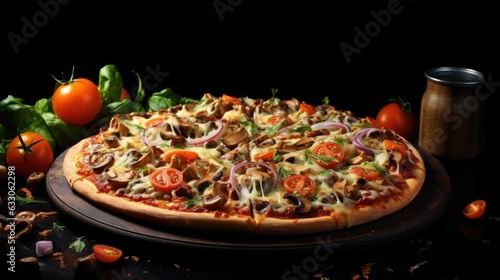 Pizza with mushrooms, tomatoes and onions on a black background.