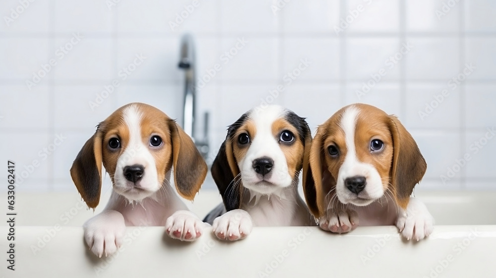 Three cute beagle puppies in the bath.
