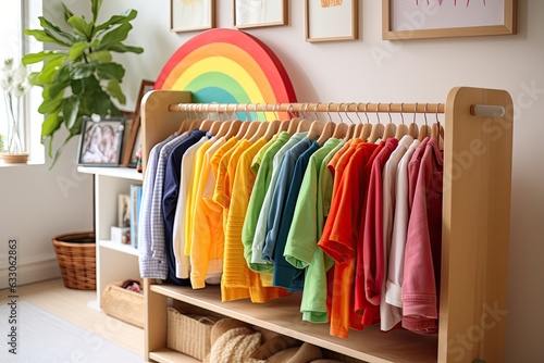 A Montessori inspired clothing rack is found in the childrens room, along with a white table and a vibrant rainbow display. The wardrobe houses various garments such as dresses, jackets, and sweaters