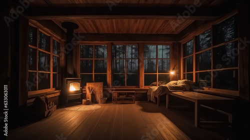 Wooden home in rain forest. Wooden cottage with fireplace. Generative AI.