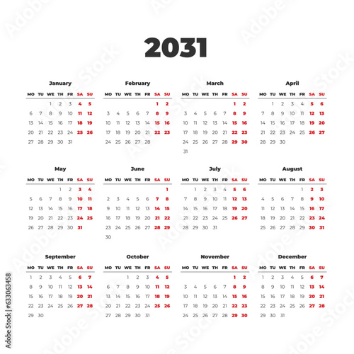 Simple vector calendar on 2031. Start from Monday