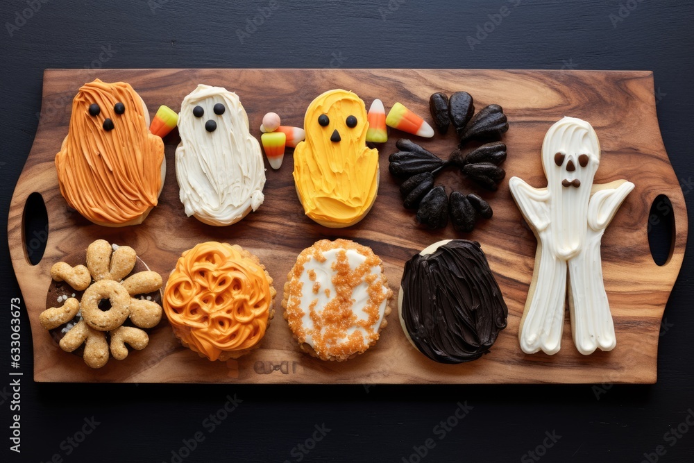 top view Halloween Cookies on a Wooden Tray, generative ai