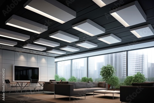 An acoustic ceiling is equipped with lighting fixtures and a window that includes a light channel. The texture of the ceiling boards is meant to absorb sound and provide soundproofing. This concept is