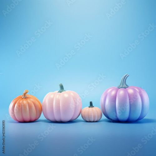 Decorative colorful pumpkins with a pearly shine. Soft pastel shades of the rainbow. Thanksgiving, Halloween and autumn concept.