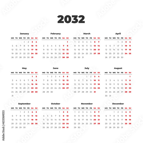 Simple vector calendar on 2032. Start from Monday
