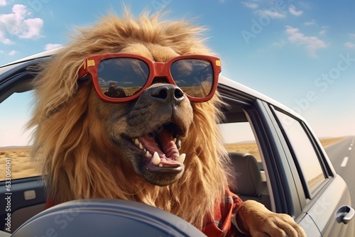 Dog in a convertible in sunglasses enjoys nature © Liaisan