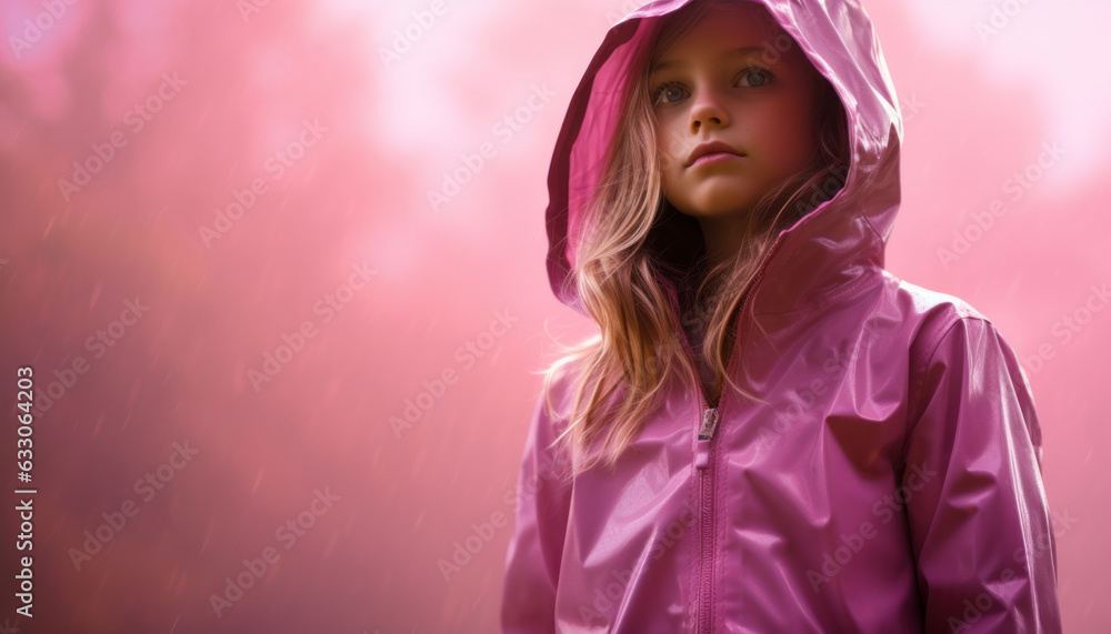 Little girl with a pink raincoat. The concept of a beautiful and warm autumn. Generative AI. Little girl with a pink raincoat. The concept of a beautiful and warm autumn. Generative AI.