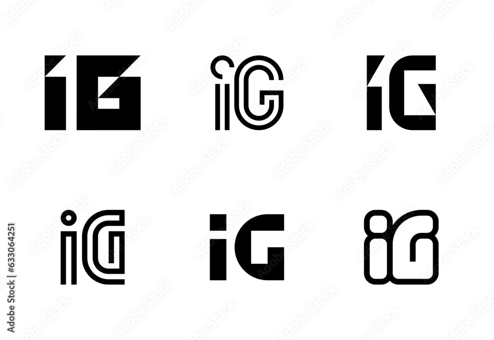 Set of letter IG logos. Abstract logos collection with letters. Geometrical abstract logos Set of letter IG logos. Abstract logos collection with letters. Geometrical abstract logos