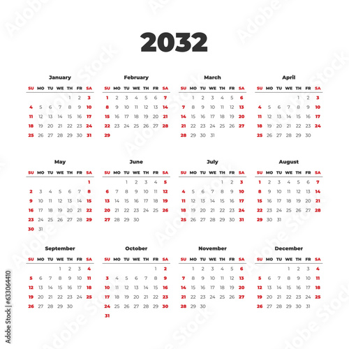 Simple vector calendar on 2032. Start from Sunday