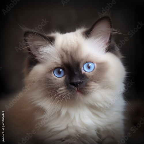 Close-up of an adorable, cute baby cat, Ragdoll kitten on a black background