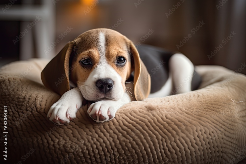 An adorable Beagle puppy resting in a cozy dog bed at its home. A cute and lovable pet.