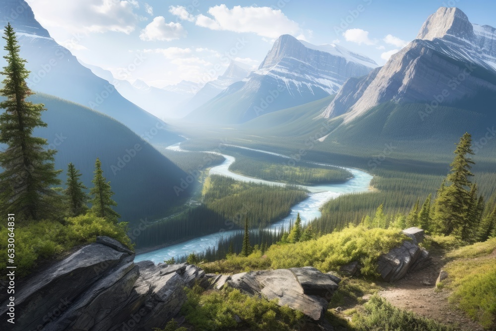 Naklejka premium photographed from a vantage point high above steep, rocky mountains richly forested with serpentine routes