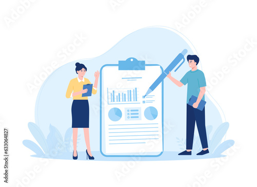 Two employees check financial data concept flat illustration