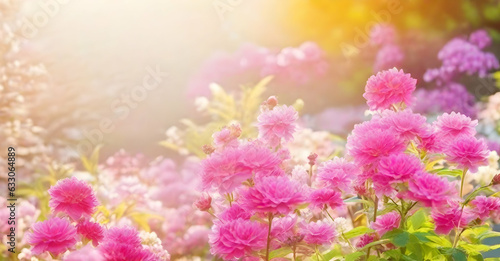 Summer pink flower park with morning sunlight. spring background with blooming bushes