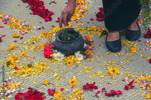 Older woman doing the ritual of thanks for the crops at the Inti Raymi festival photo