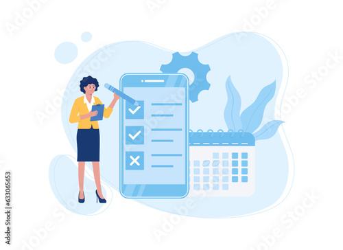 Woman filling schedule list in calendar concept flat illustration
