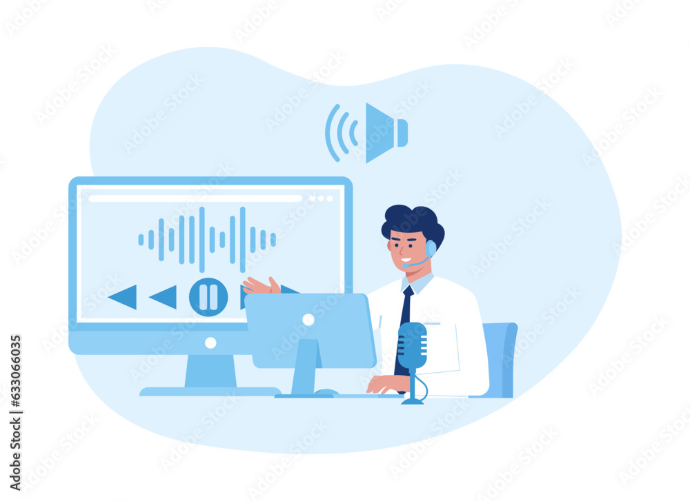 A man in a white suit is sitting with a laptop and a microphone concept flat illustration A man in a white suit is sitting with a laptop and a microphone concept flat illustration