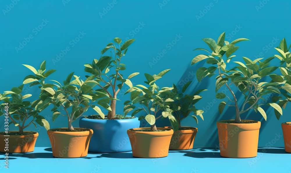 Plants in pots on blue background