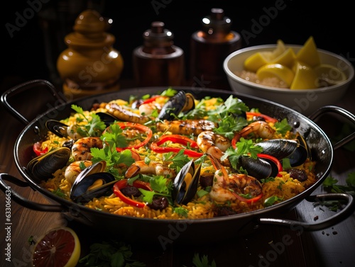 Spanish seafood paella with clams, shrimps, and mussels