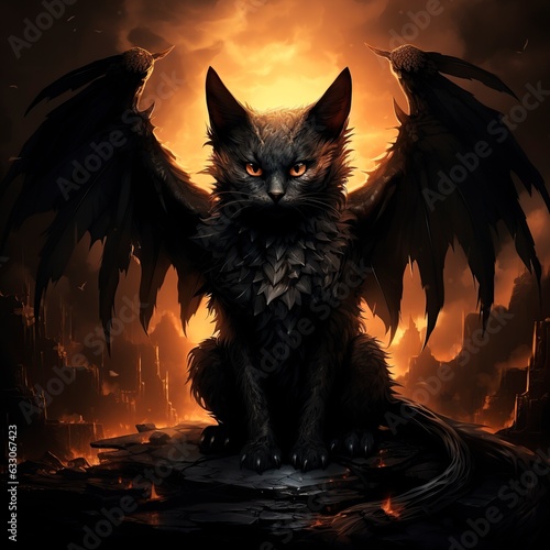 Scary cat with wings in gothic style. Halloween illustration. Scary black cat.