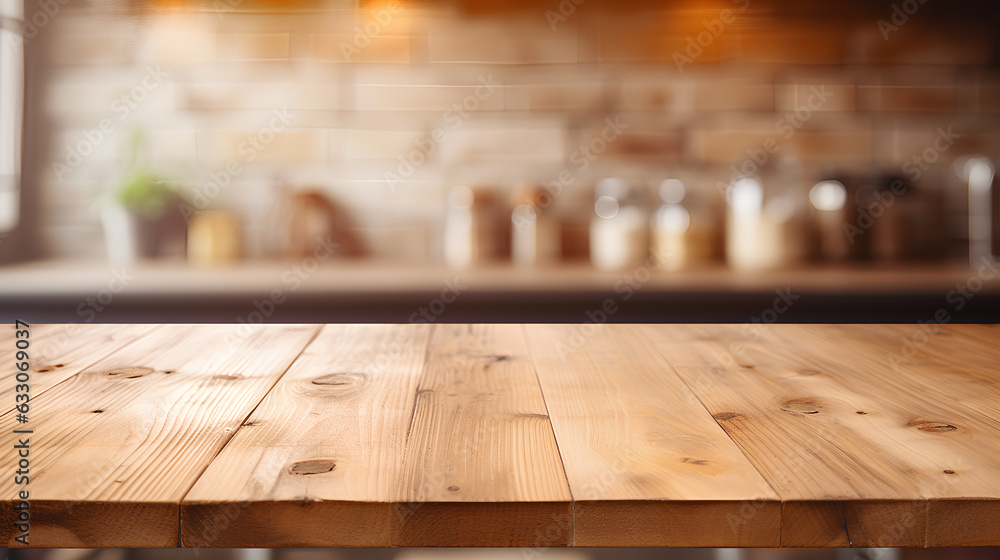 Empty wooden table top and blurred defocused modern kitchen background, use for display montage product, Generative AI. Empty wooden table top and blurred defocused modern kitchen background, use for display montage product, Generative AI.