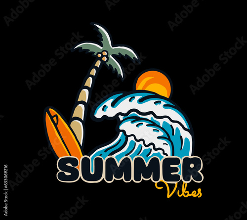 summer vibes. the wave and coconut vibes vector design for t shirt badge patch illustration