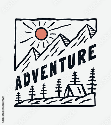 Hand drawing of camping adventure in mountain nature vintage design
