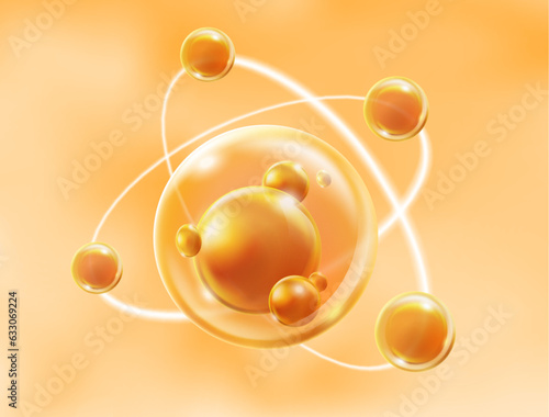 Moisturizer molecule or cosmetic serum oil, skin care vitamin bubble, molecules swirl orbit on orange background. Illustration 3d vector file