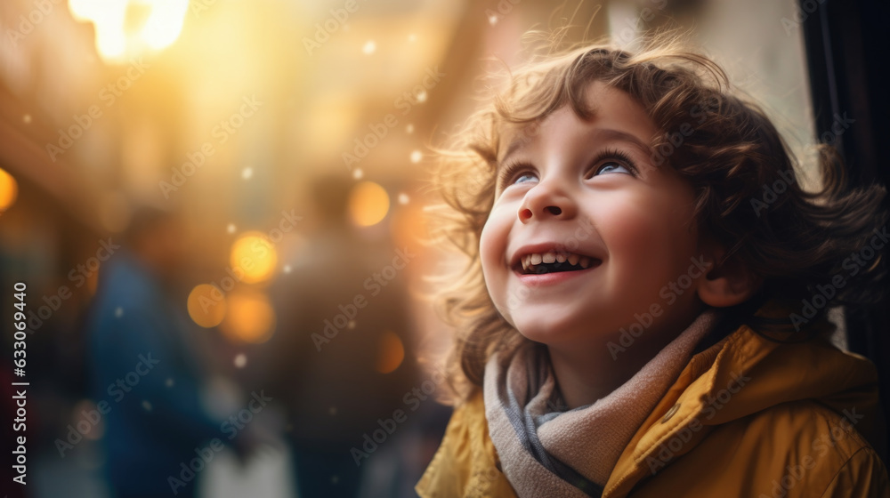 portrait of little boy smiling and looking up. childhood innocence and illusion