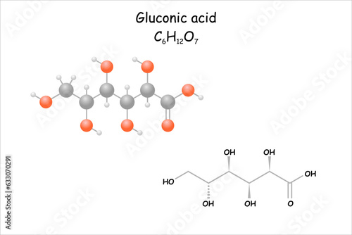 Gluconic acid. Simplified molecule model and structural formula. Occurs naturally e.g., in fruit, honey and wine.