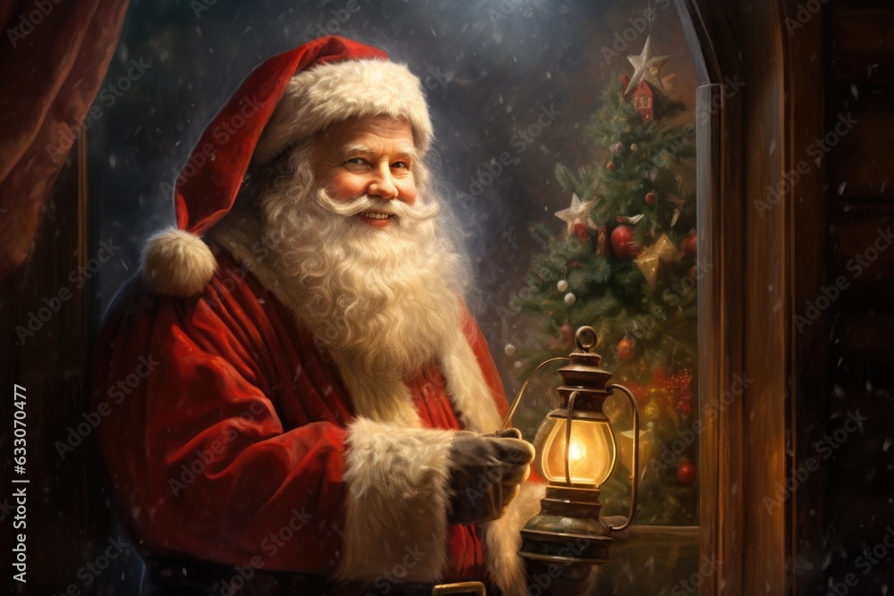 Santa Claus looking into the camera with traditional background and smiling . He is wishing Merry Christmas and Happy New year 2024