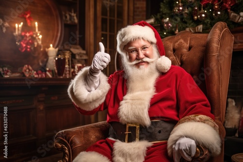 Santa Claus sitting on chair looking into the camera with traditional background and making cool gesture . Congratulations with Merry Christmas 