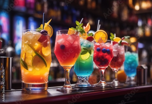 The colorful cocktails on the bar counter