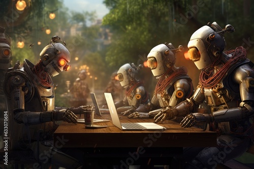 Ai robots workers at work on laptop typing keyboard in big business center office  © Hope