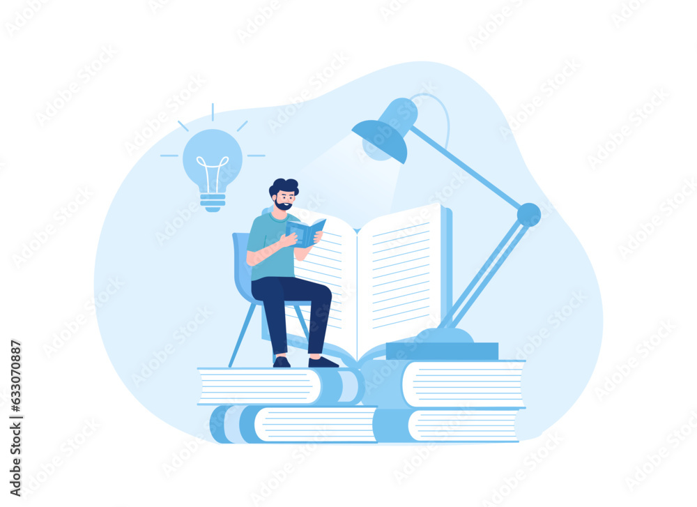 a man sitting on a pile of books with a study lamp concept flat illustration