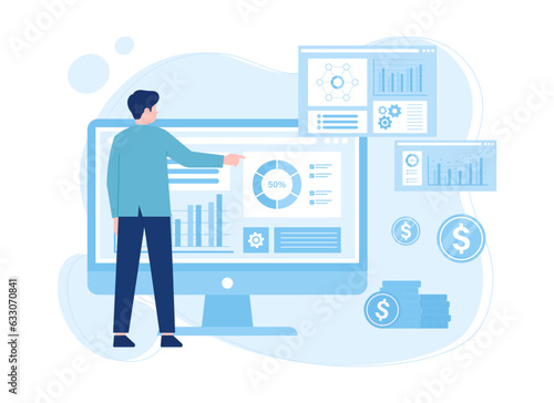 Illustration of a man pointing at a computer screen with graphs and coins concept flat illustration