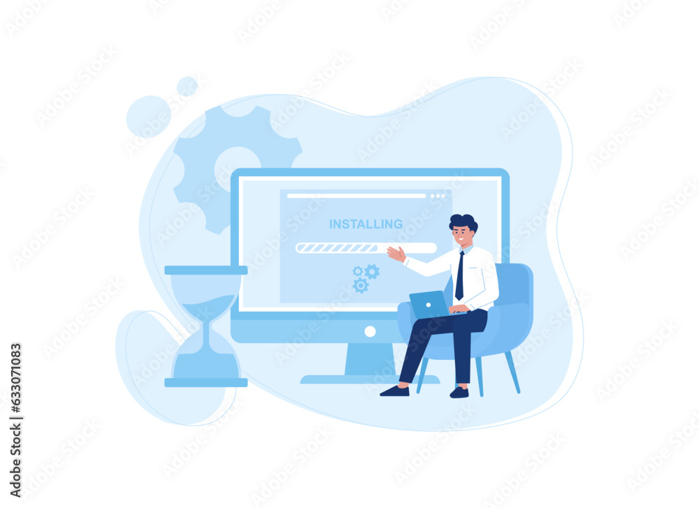 illustration of a man sitting at a computer with a laptop in his lap concept flat illustration illustration of a man sitting at a computer with a laptop in his lap concept flat illustration