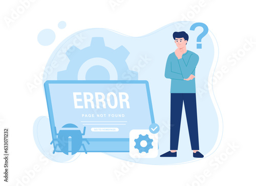 a man standing next to a laptop with a error sign on it concept flat illustration