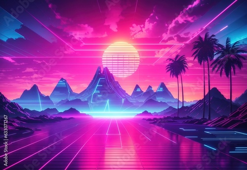 Synthwave retro futuristic landscape, laser grid background