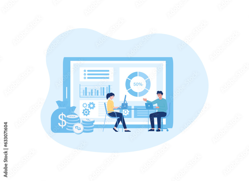 Two people are having a meeting with data analysts concept flat illustration Two people are having a meeting with data analysts concept flat illustration