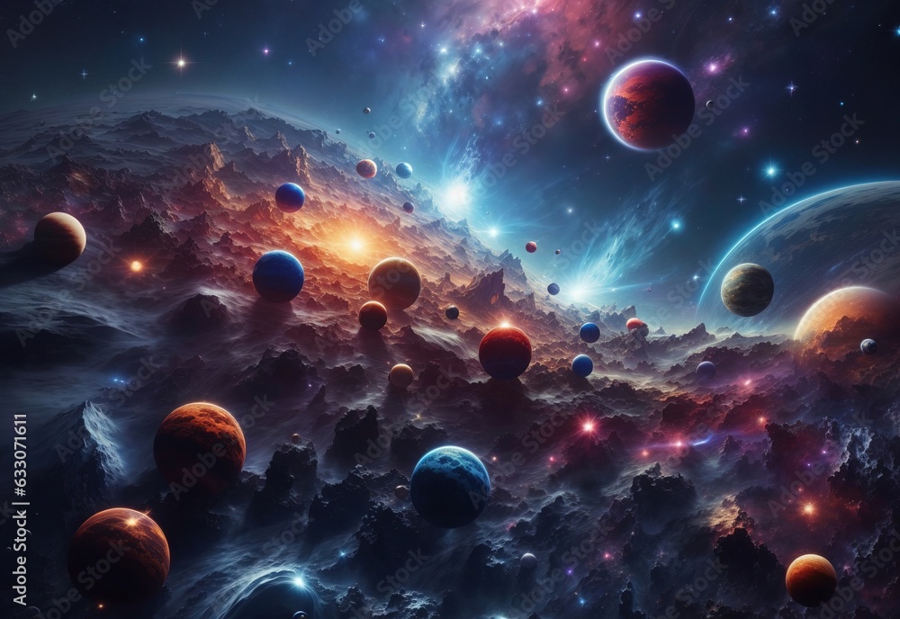 Space digital artwork. Surreal fantasy cosmos. Nebula with planets and stars