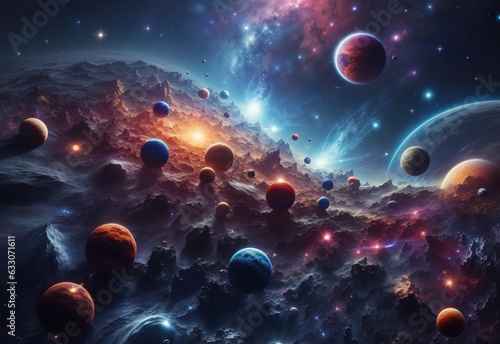 Space digital artwork. Surreal fantasy cosmos. Nebula with planets and stars